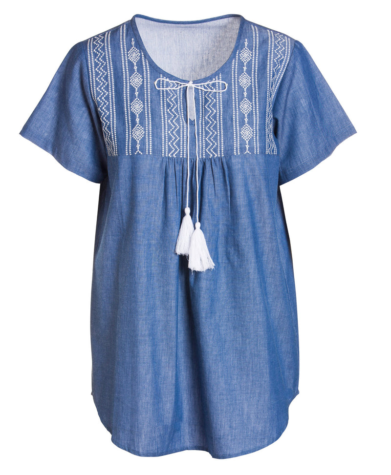 Chambray Sleeveless Top with Aztec Embroidery,7tp198