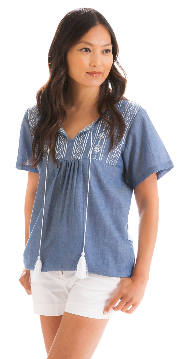 Chambray Sleeveless Top with Aztec Embroidery,7tp198