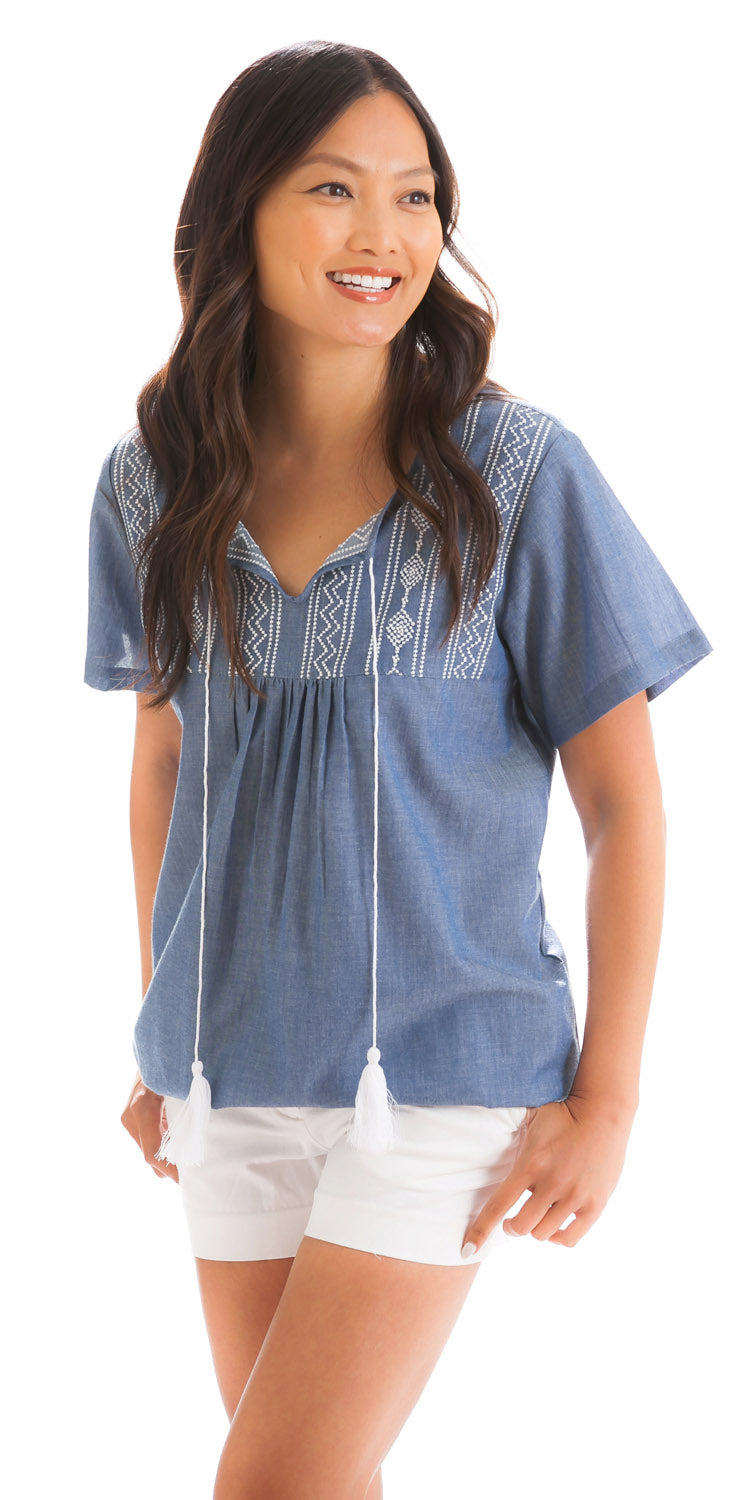 Chambray Sleeveless Top with Aztec Embroidery,7tp198