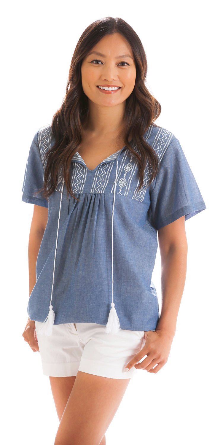 Chambray Sleeveless Top with Aztec Embroidery,7tp198