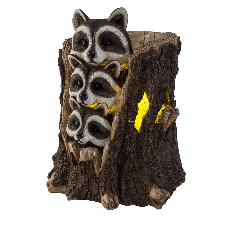 Solar Three Raccoons in a Stump Sculpture, 14.5"x14.5"x17.5"inches