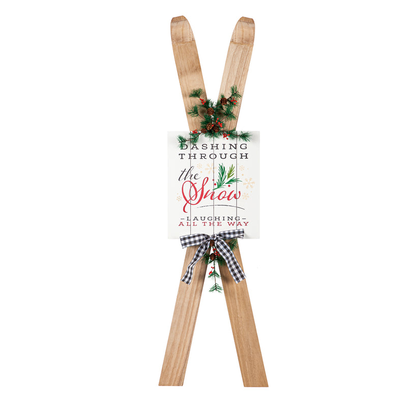 47.25"H Wooden Ski with Artificial Holiday Porch Décor,11.81"x2.36"x47.24"inches