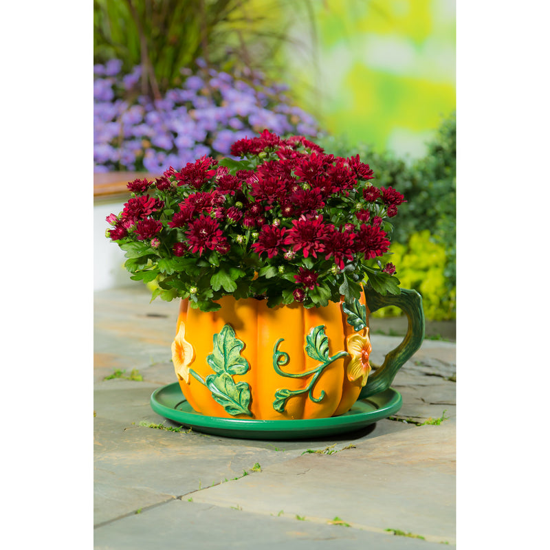 Oversized Fall Teacup Planter with Saucer - Pumpkin,84g3611