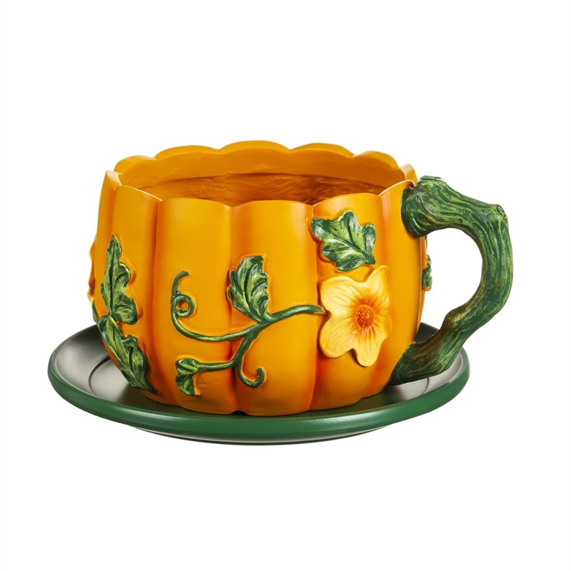 Oversized Fall Teacup Planter with Saucer - Pumpkin,84g3611