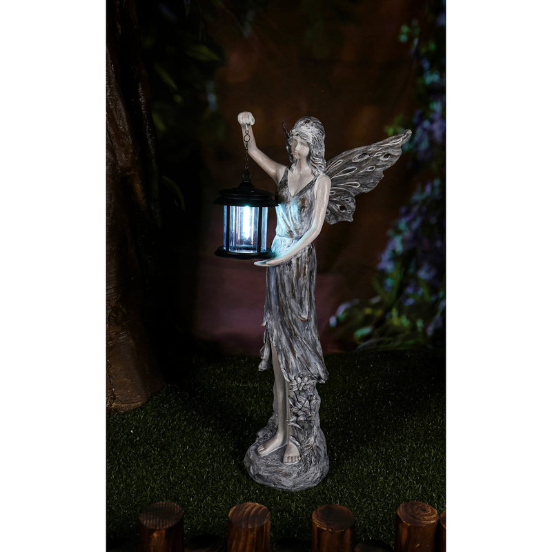 Angel Garden Statue w/Blue Light Lantern, 13"x10"x42"inches