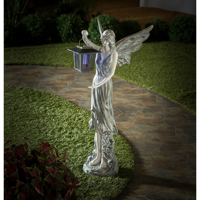 Angel Garden Statue w/Blue Light Lantern, 13"x10"x42"inches