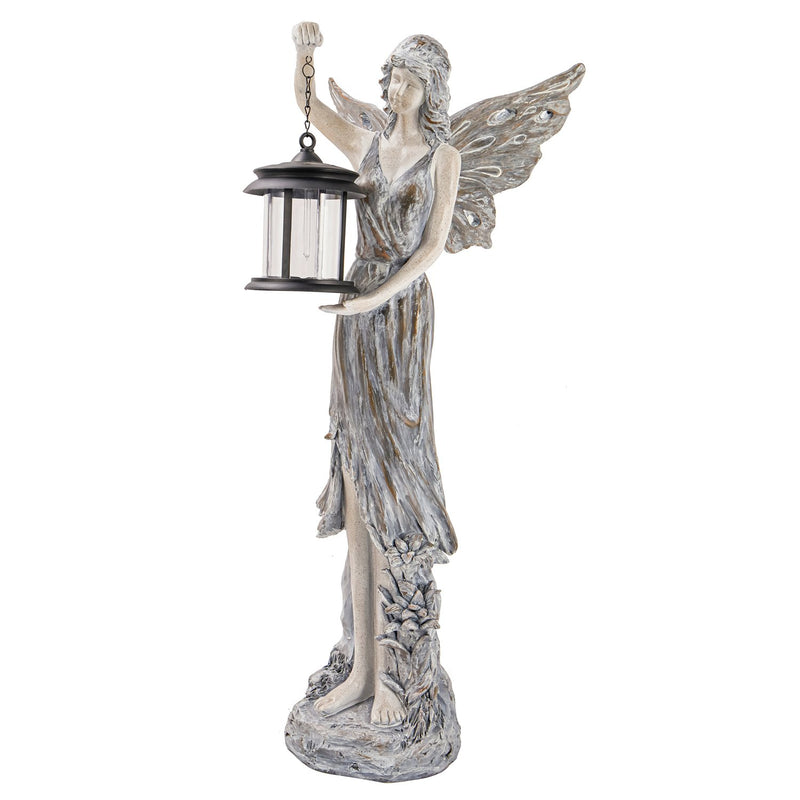 Angel Garden Statue w/Blue Light Lantern, 13"x10"x42"inches