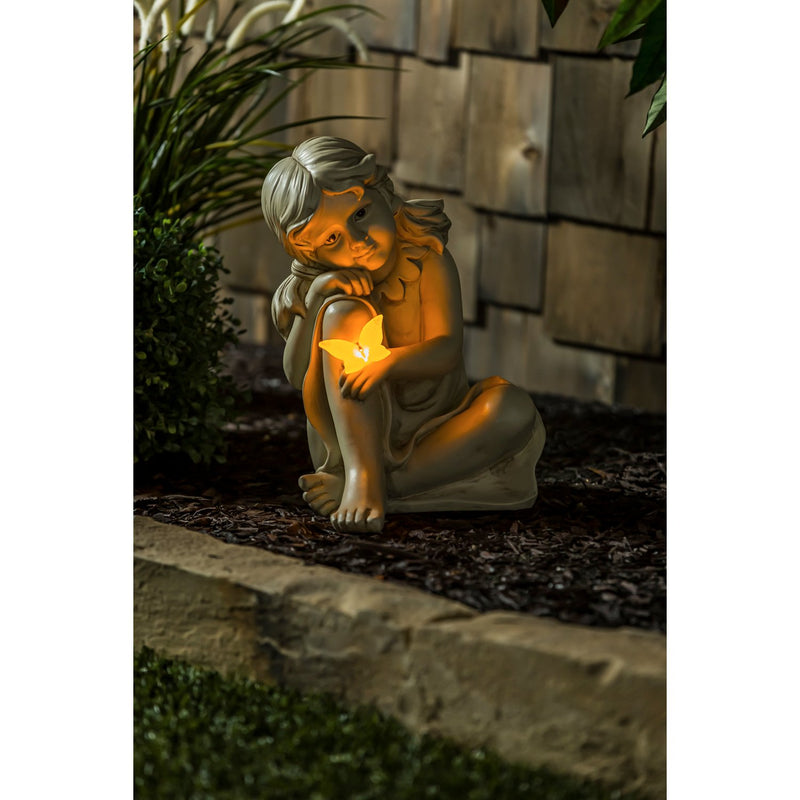 12"H Girl with Butterfly Garden Statuary, 8.46"x9.25"x12.4"inches