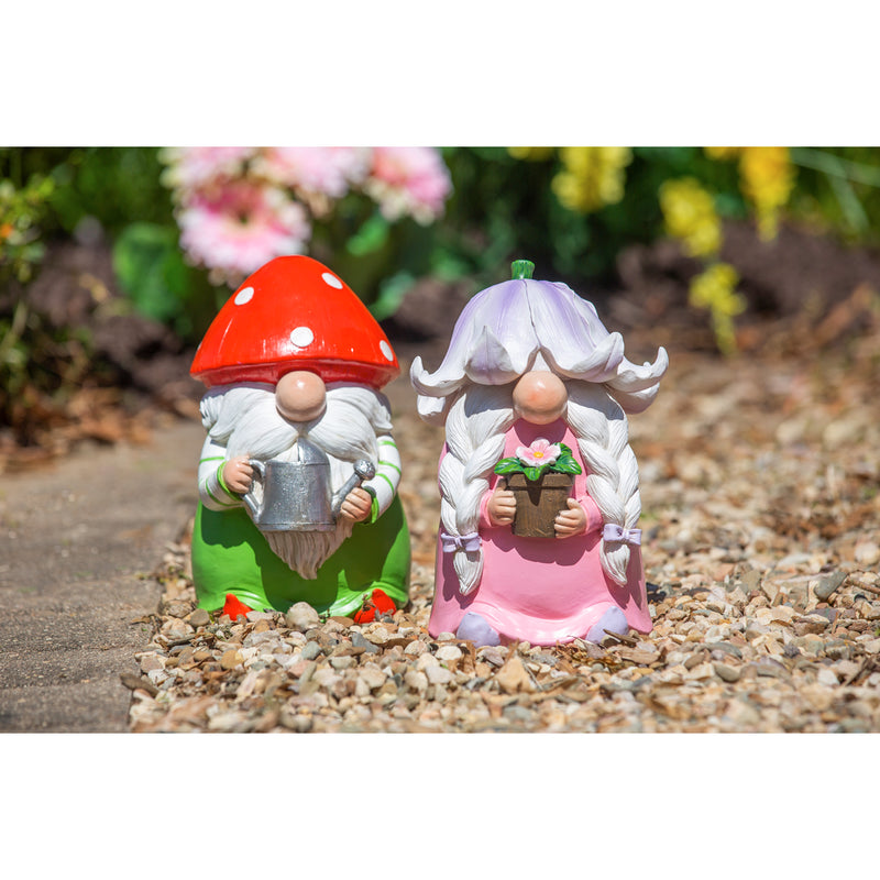 9.8"H Mushroom Gnomes Garden Statuary, Set of 2, 9.06"x8.27"x11.42"inches