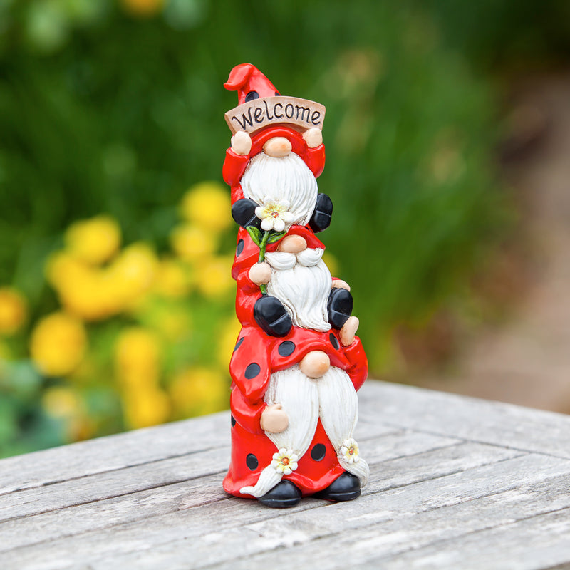 9"H Stacked Ladybug Gnome Trio Garden Statuary, 3.27"x3.15"x9.13"inches