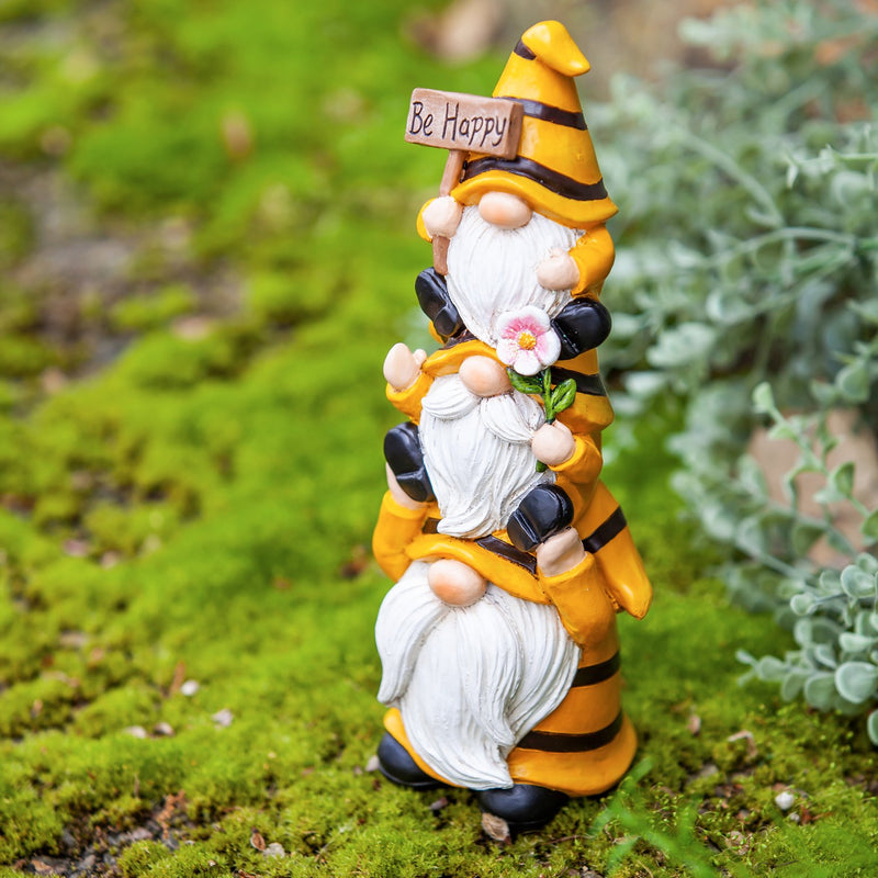 9"H Stacked Bee Gnome Trio Garden Statuary, 3.27"x3.15"x9.13"inches