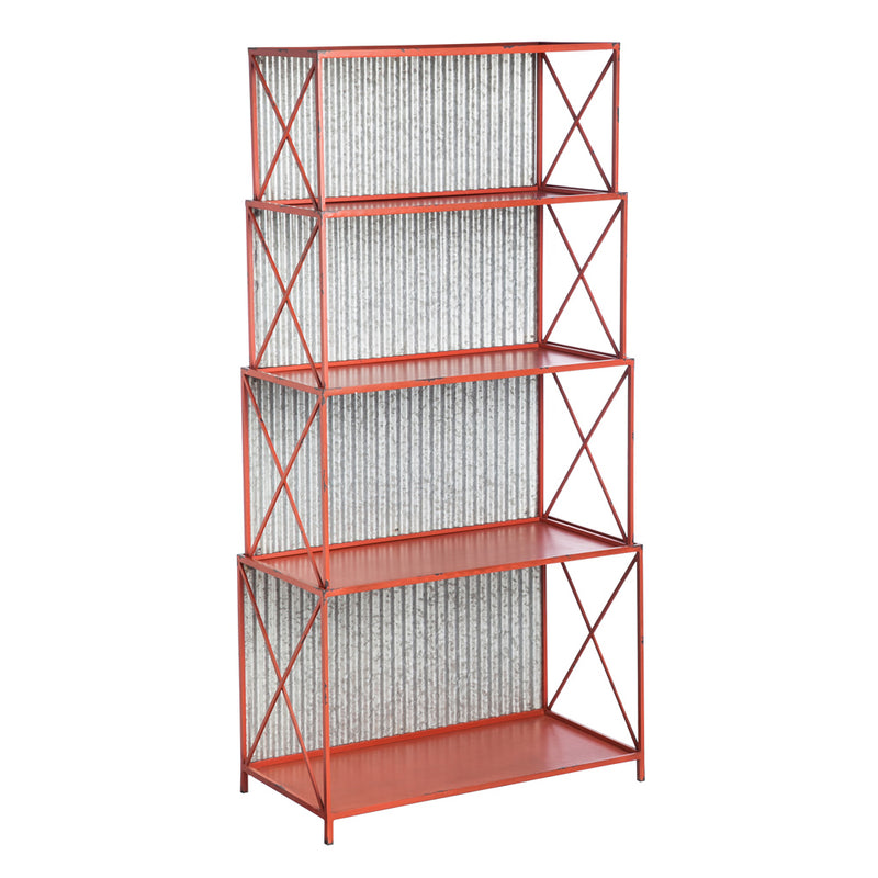 4-Shelf Metal Display with Distressed Corrugate Back and Red Finish,8f00148