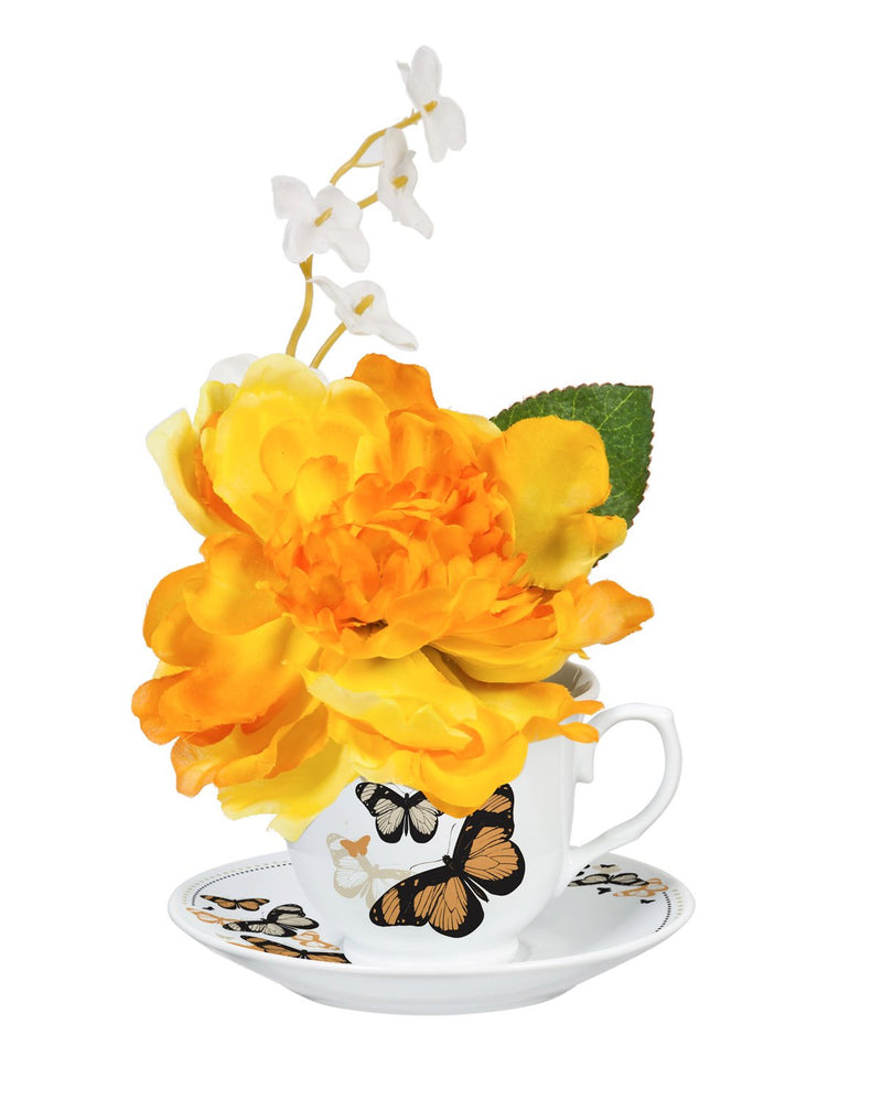 Cypress Home Canary Yellow Brilliant Peony in Ceramic Tea Cup with Saucer