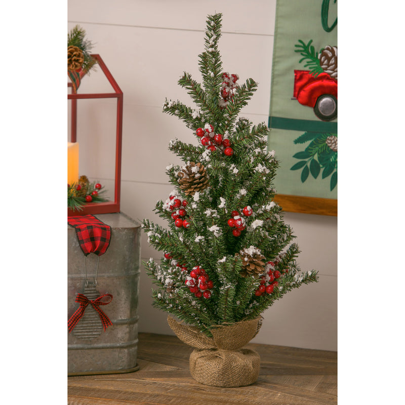 Cypress Home Beautiful Christmas Snow and Berry Covered Tree Table Top Décor - 8 x 8 x 24 Inches Indoor/Outdoor Decoration for Homes, Yards and Gardens