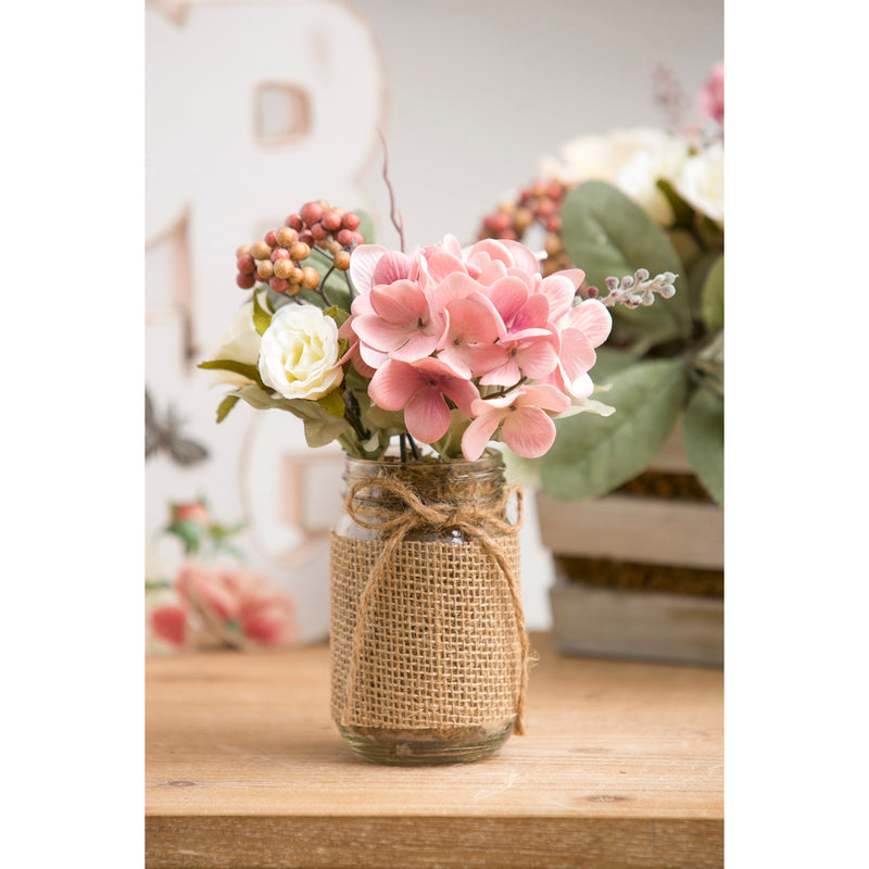 Roses, Hydrangeas, Pink Flowers, and Berries in Glass Jar,8flp152