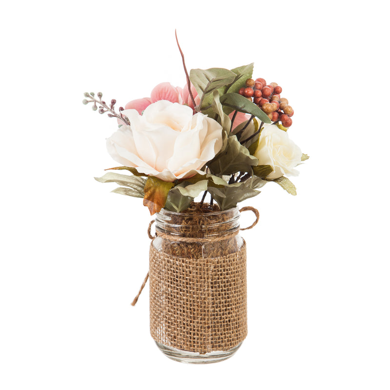 Roses, Hydrangeas, Pink Flowers, and Berries in Glass Jar,8flp152