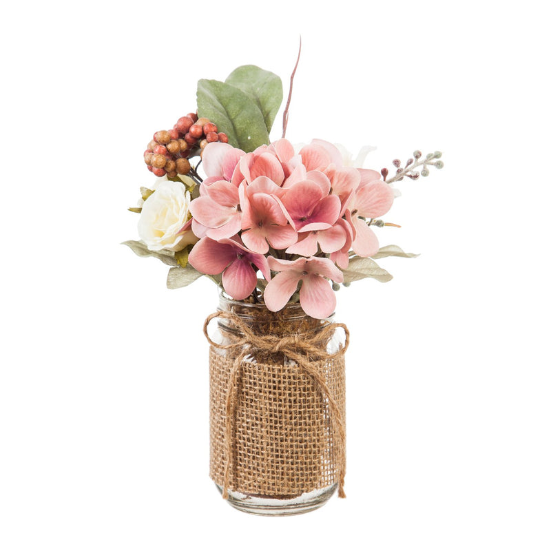 Roses, Hydrangeas, Pink Flowers, and Berries in Glass Jar,8flp152