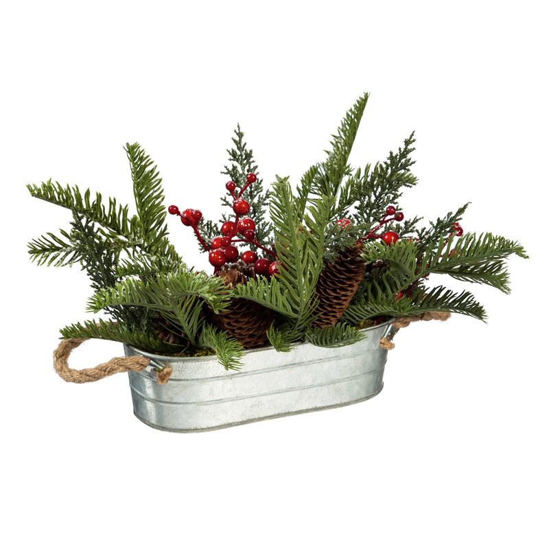 Cypress Home Beautiful Christmas Leaves and Berries in Metal Pot with Red Truck Table Top Décor - 16 x 12 x 8 Inches Indoor/Outdoor Decoration for Homes, Yards and Gardens