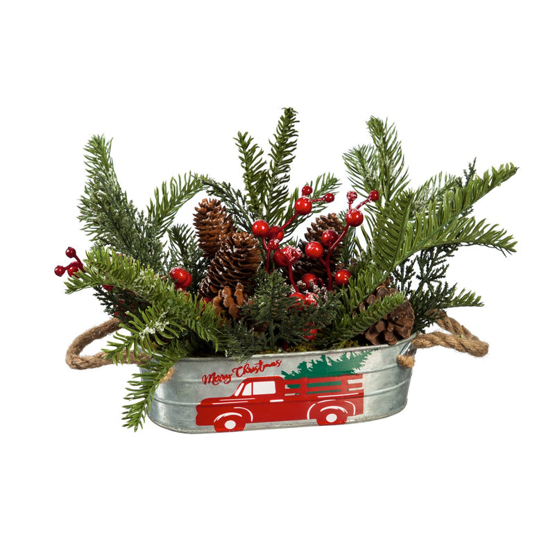 Cypress Home Beautiful Christmas Leaves and Berries in Metal Pot with Red Truck Table Top Décor - 16 x 12 x 8 Inches Indoor/Outdoor Decoration for Homes, Yards and Gardens