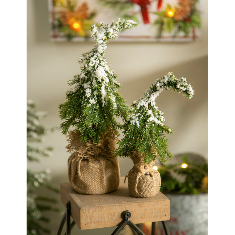 Cypress Home Beautiful Christmas Snow Covered Tree in Burlap Pot Table Top Décor, Set of 2-6 x 6 x 15 Inches Indoor/Outdoor Decoration for Homes, Yards and Gardens