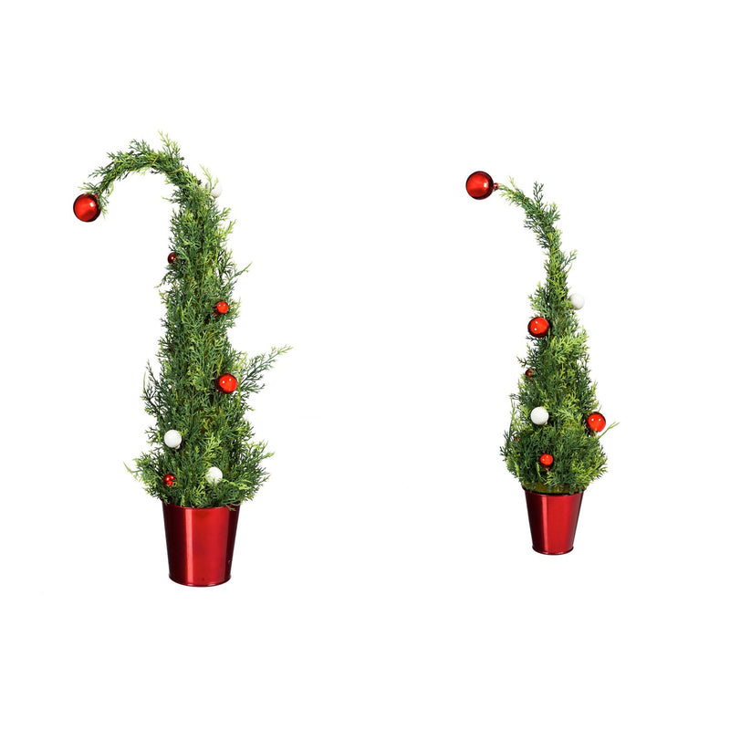 Cypress Home Beautiful Christmas Holiday Tree with Ornaments in Red Metal Pot Table Top Décor, Set of 2-9 x 15 x 24 Inches Indoor/Outdoor Decoration for Homes, Yards and Gardens