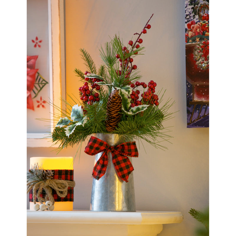 16'' High Pinecone and Holly Berries in Galvanized Watering Can Tabletop Décor,8flp189