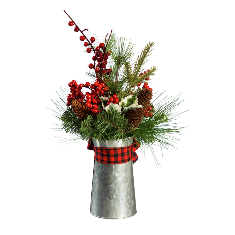 16'' High Pinecone and Holly Berries in Galvanized Watering Can Tabletop Décor,8flp189