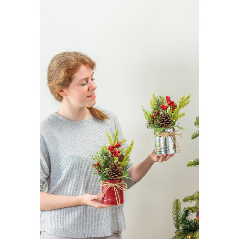 Pinecone and Berry Artificial in Metal Can Table Décor, 2 Asst: Red/Silver,8flp223