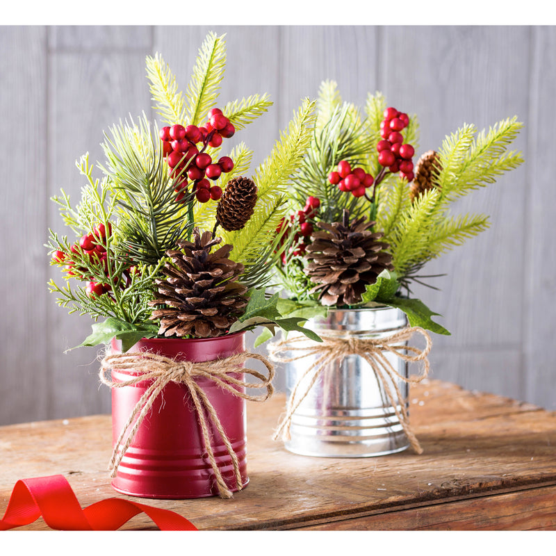 Pinecone and Berry Artificial in Metal Can Table Décor, 2 Asst: Red/Silver,8flp223