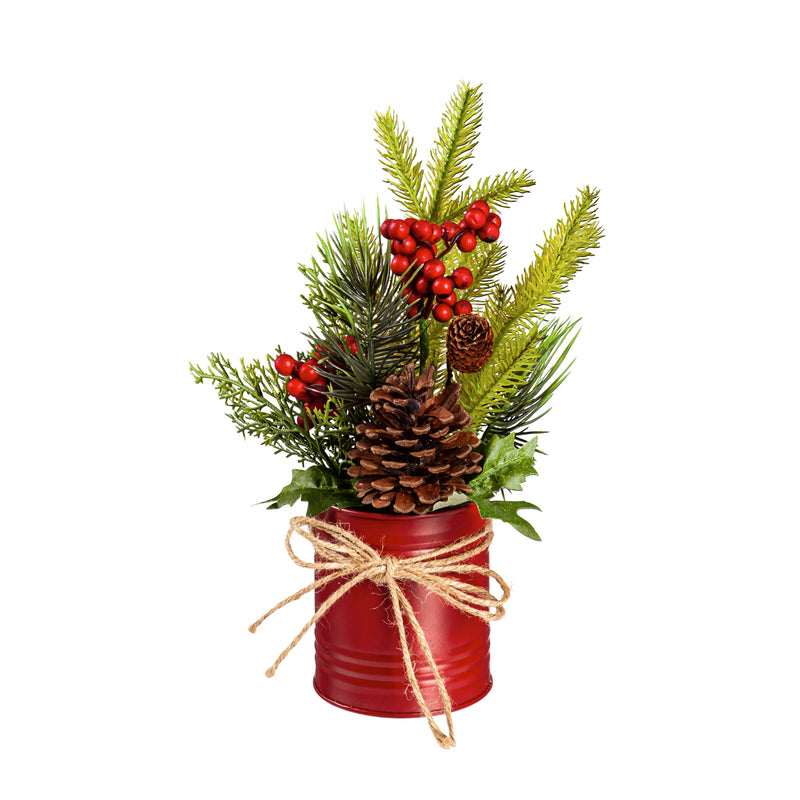 Pinecone and Berry Artificial in Metal Can Table Décor, 2 Asst: Red/Silver,8flp223