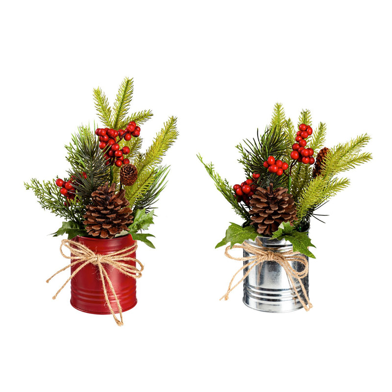 Pinecone and Berry Artificial in Metal Can Table Décor, 2 Asst: Red/Silver,8flp223