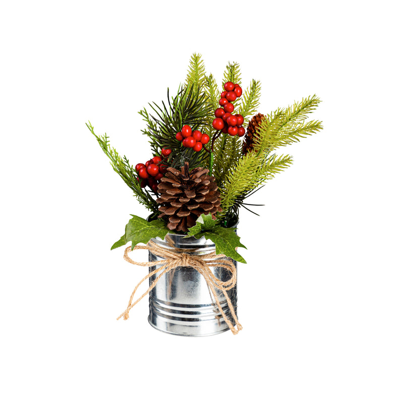 Pinecone and Berry Artificial in Metal Can Table Décor, 2 Asst: Red/Silver,8flp223