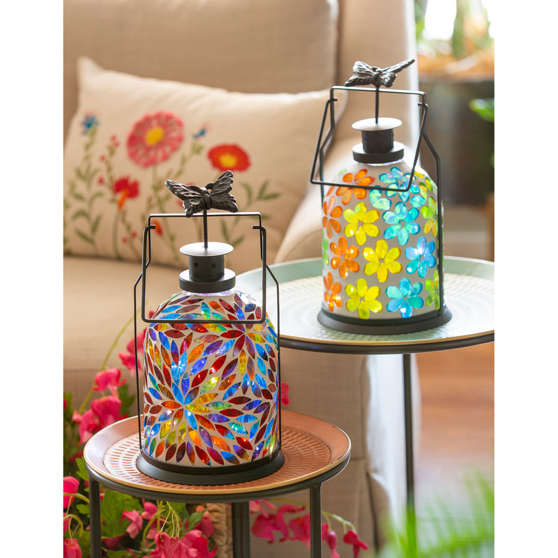 Mosaic Glass Lantern with LED, 2 Assorted, 6.69"x6.69"x12.6"inches