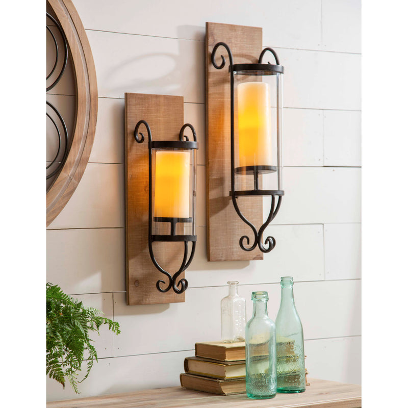 Wall Hanging Wood and Metal Lanterns with Glass, Set of 2,8lam035