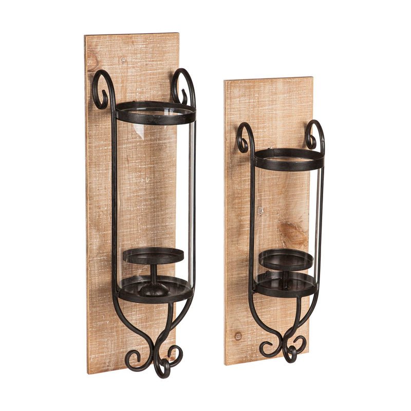 Wall Hanging Wood and Metal Lanterns with Glass, Set of 2,8lam035