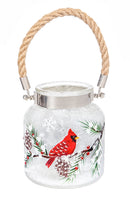 Glass Handpainted Cardinal and Pinecones LED Jar w/ Handle,8led169