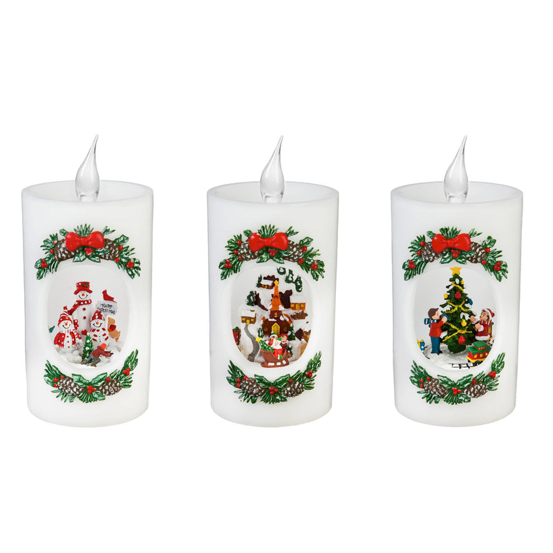 LED Candle with Animated Action, 3 Asst, Greeting Snowman/Santa Delivery/Holiday Tree Decorating