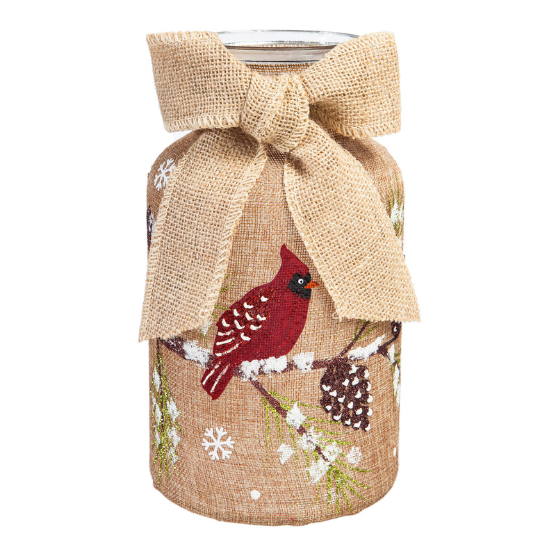 Glass Handpainted Cardinal and Branch and Pinecone LED Jar w/Burlap