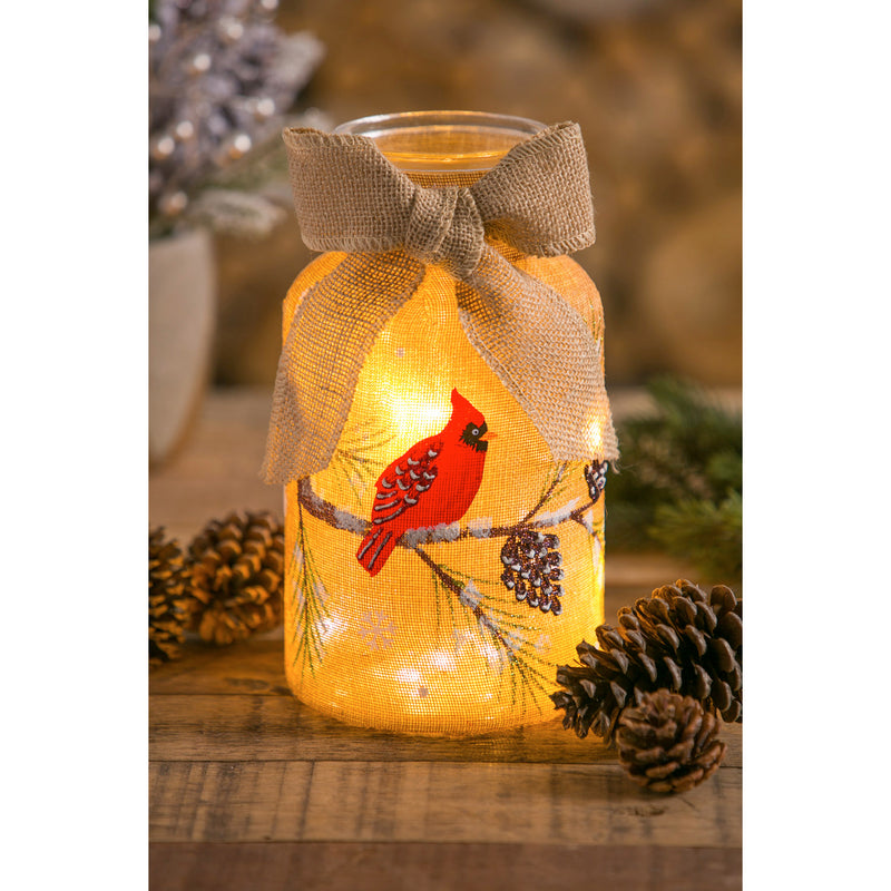 Glass Handpainted Cardinal and Branch and Pinecone LED Jar w/Burlap