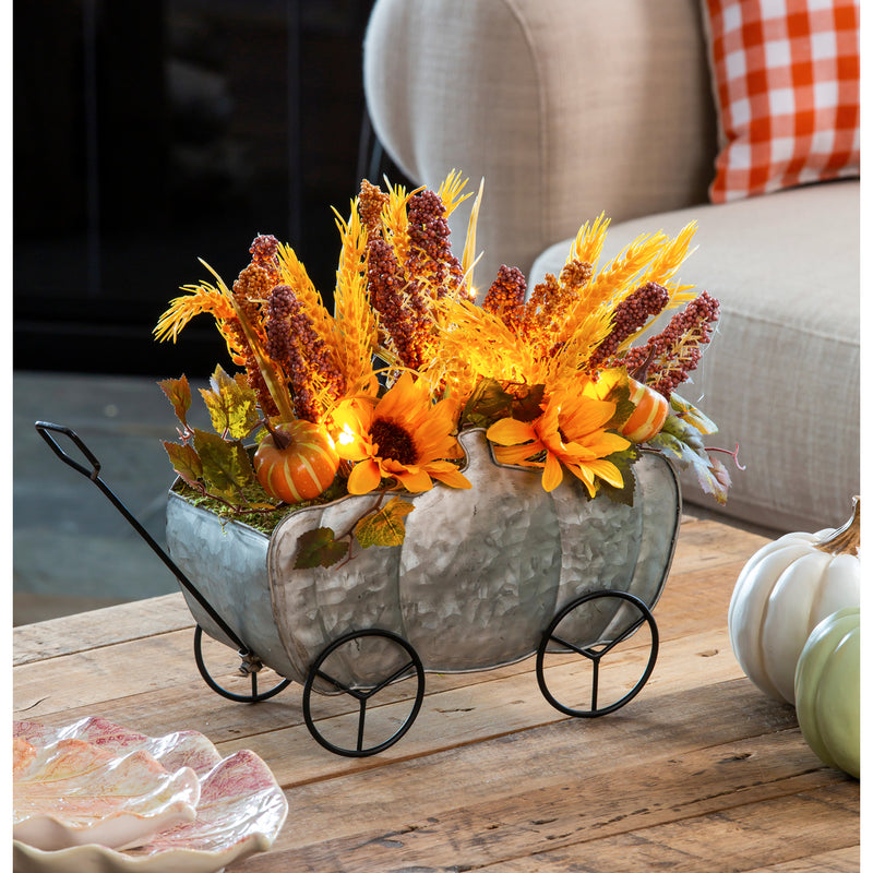 LED Sunflower and Wheat in Galvanized Wagon Tabletop Décor