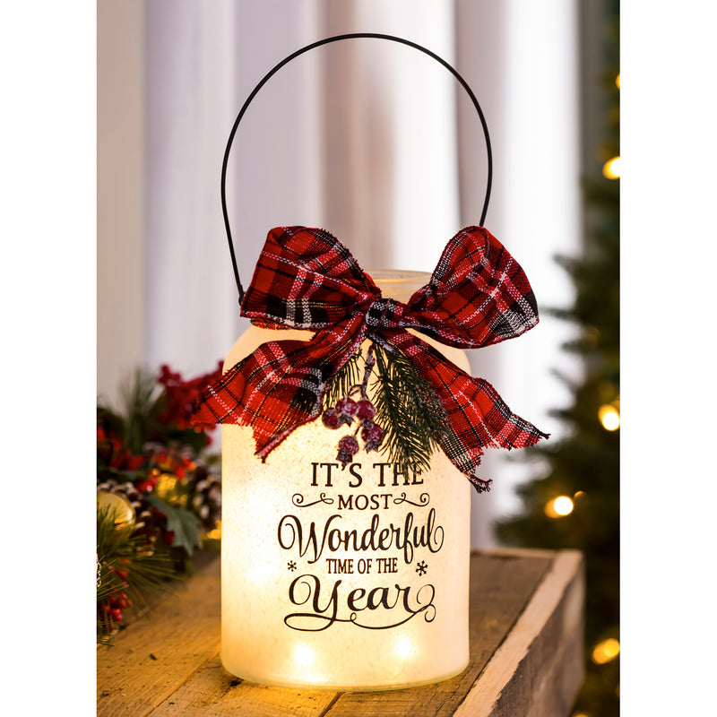 LED Jar with Plaid Ribbon, Pine, and Berries, 2 Assorted: Red/White