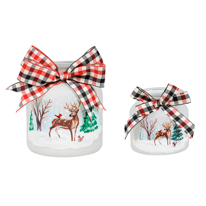 Glass LED Jar with Woodland Scene, Set of 2, 5.25"x5.25"x6.25"inches
