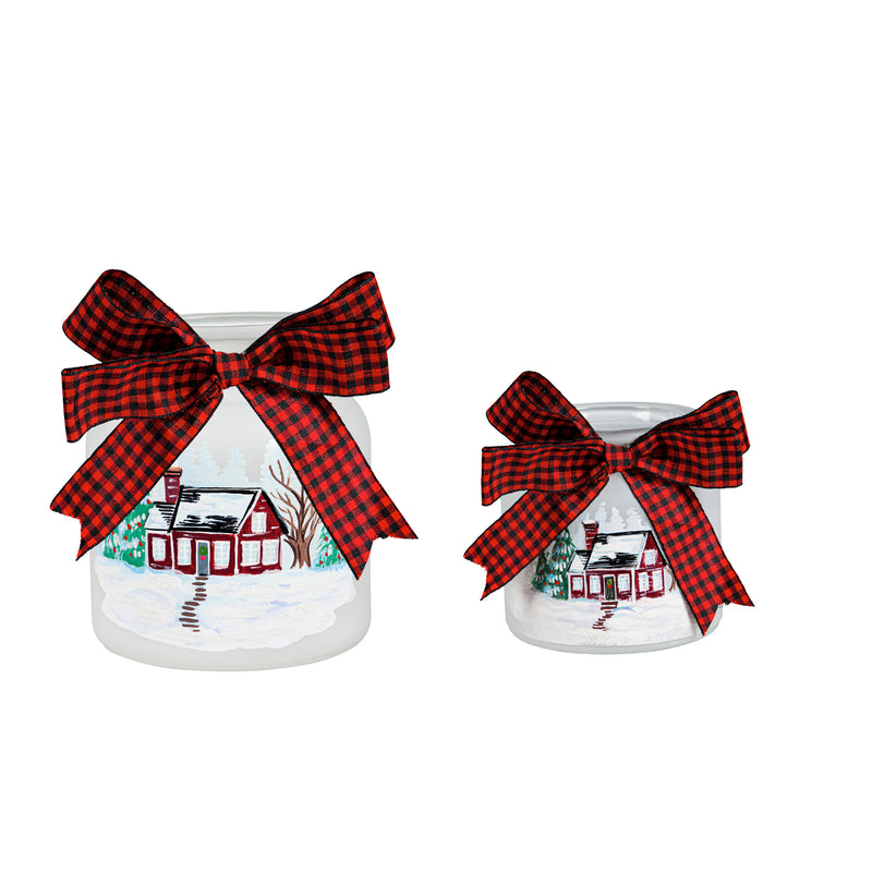 Glass LED Jar with Holiday House Scene, Set of 2, 5.25"x5.25"x6.25"inches