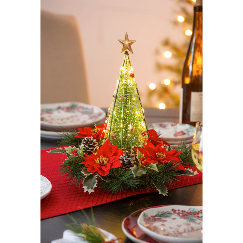 LED Bottle Brush Tree with Artificial Poinsettias Table Décor