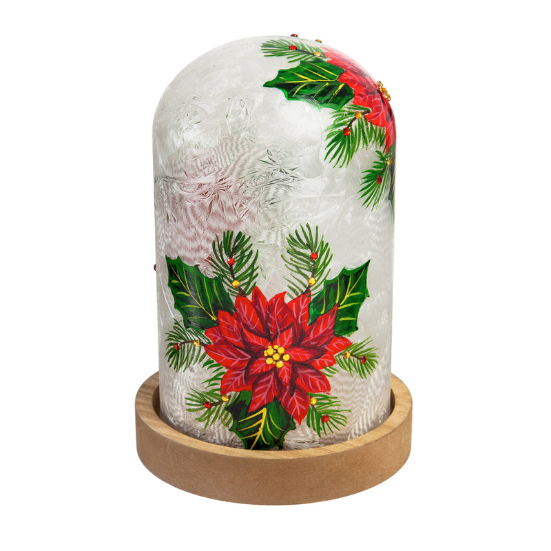 Glass Handpainted Poinsettia LED Cloche with Wooden Base, 5.7'' x 5.7'' x 8.3'' inches