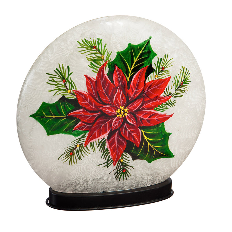 Evergreen Glass Hand Painted Poinsettia LED Disc, 9.8'' x 2.8'' x 9.6'' inches