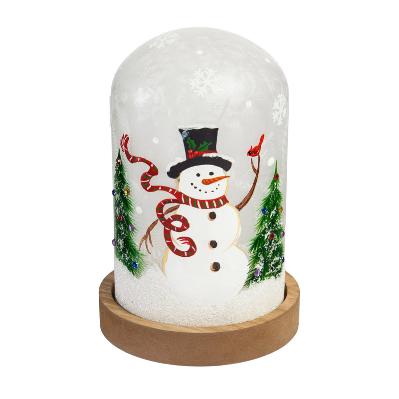Glass Handpainted Snowman and Cardinal LED Cloche with Wooden Base, 5.7'' x 5.7'' x 8.3'' inches