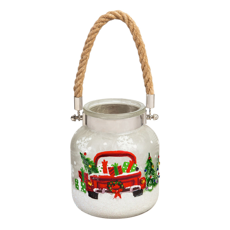 Glass Handpainted Holiday Travel LED Jar w/Rope Handle,8led7188a