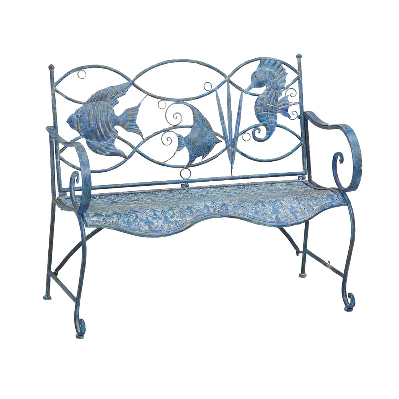 Evergreen Deck & Patio Decor,Blue Fish Metal Bench,43.75x36.25x20 Inches