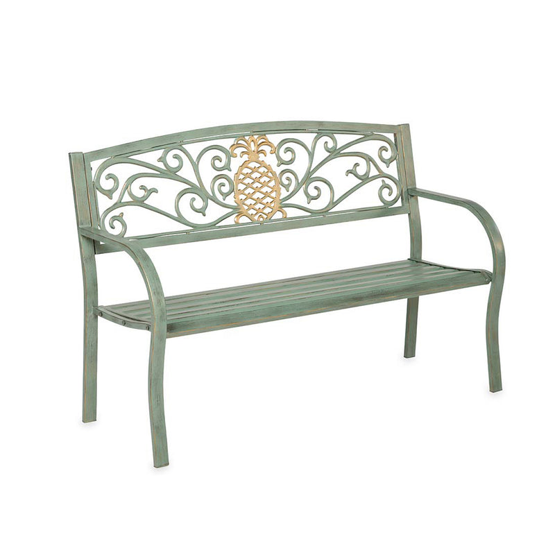 Evergreen Deck & Patio Decor,Pineapple Metal Garden Bench - Verdigris,50x21x33.6 Inches